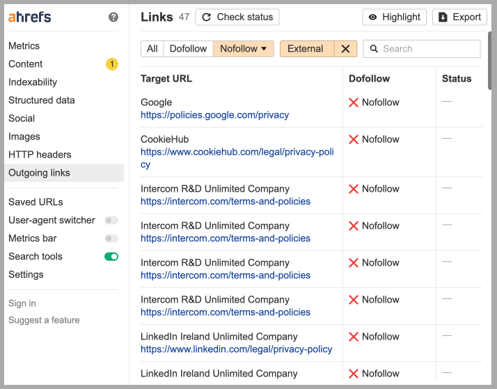 Ahrefs extension link nofollow
