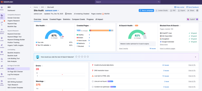 Semrush site audit example