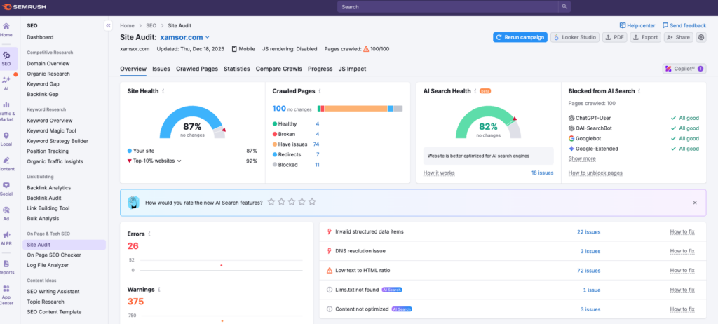 Semrush site audit example